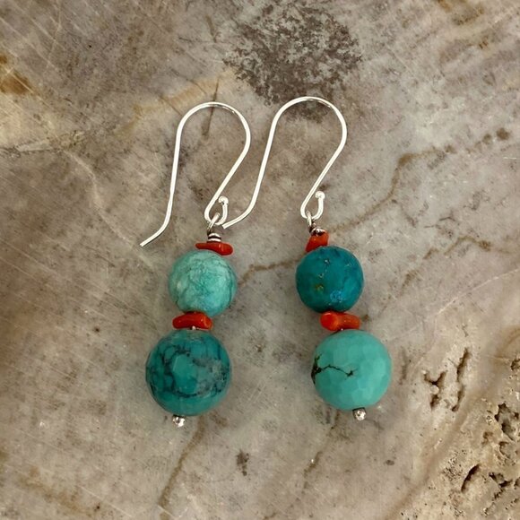 Sterling Silver 925 1.7" Faceted Turquoise Red Coral Beaded Dangle Drop Earrings - Picture 6 of 16